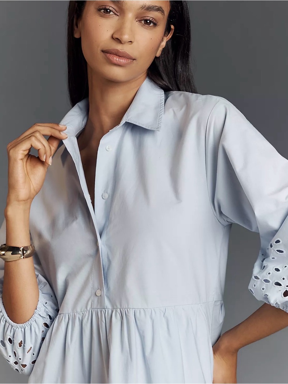 Anthropologie MAEVE Light Blue Button-Front Tiered Midi Dress with Eyelet Detail - Picture 3 of 10